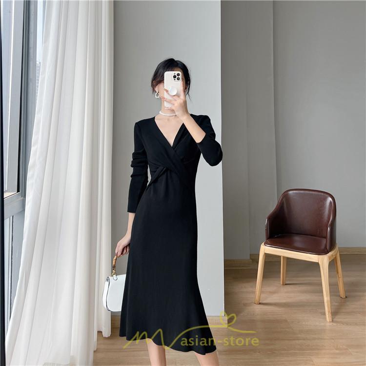 ニットワンピース | 二ットワンピース レディース ニットワンピ Vネック 長袖 トップス チュニック ロング丈 ミモレ丈 着痩せ 秋 冬 コーデ 20代30代40代 フェミニン 上品 大人