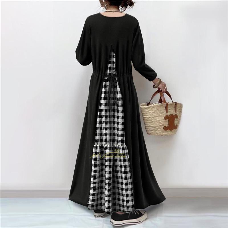 マキシ | ロングワンピース 秋冬ワンピース チェックワンピース 切り替え フェイク レイヤード風 レディース 後ろリボン付き 秋冬服 秋服 秋服春 30代40代50代 秋物