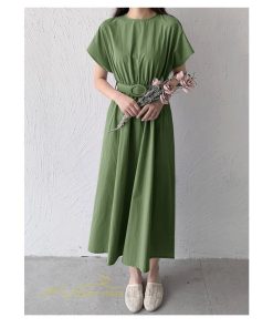 マキシ | 夏ワンピース ロングワンピース フレア 無地 半袖 ベルト付き Aラインワンピース レディース ワンピ 可愛い 体型カバー 大きいサイズ ゆったり カジュアル