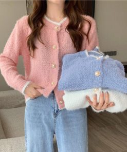 ニット・セーター | アウター Uネック パールボタン付き レディース 無地 ニットカーディガン 長袖 ショートニット ニットトップス