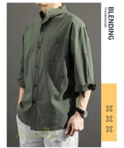 シャツ | 夏メンズ 麻 綿 カジュル 7分丈 カッコイイ ワイドゆったり 夏コーデ 新作 サマー風 スタンドカラー 日常感 無地 5XL ボタン 上品 大きいサイズ