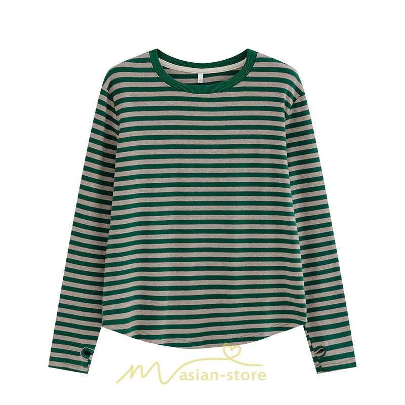 tシャツ・カットソー | 春物 レディース Tシャツ カットソー 長袖 トップス 綿 ボーダー シンプル プルオーバー リブ 柔らか 美ライン スリム ストレッチ 丸ネック 微伸縮 20代30代