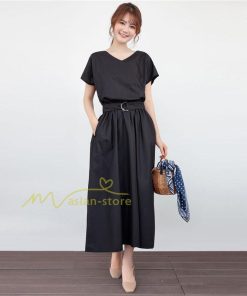 送料無料SALE | ロングワンピース 夏ワンピース 半袖 無地 フレアワンピース Vネック ベルト付き ゴム 女っぽい お呼ばれワンピース 大人 30代40代 ワンピ パーティー