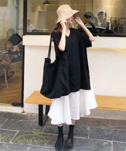 ミディアム | 夏ワンピース 切り替え ロング丈 黒白 フェイク フレア Aライン 五分袖 レイヤード風 重ね着風 Vネック 可愛い ミモレ丈 大人 20代30代40代 ゆったり