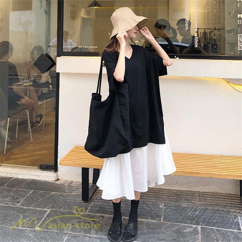 ミディアム | 夏ワンピース 切り替え ロング丈 黒白 フェイク フレア Aライン 五分袖 レイヤード風 重ね着風 Vネック 可愛い ミモレ丈 大人 20代30代40代 ゆったり