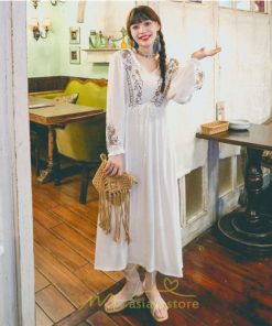 マキシ | ロングワンピース レディース ワンピ 夏 秋 長袖 可愛い 部屋着 リゾート Vネック 綿麻 花柄 高見え 旅行 20代30代40代 エスニック風 細見え レトロ風 お泊り