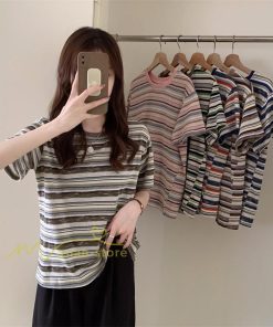 ｔシャツ・カットソー | Tシャツ レディース 40代 春夏 オシャレブラウス 韓国風 チュニック 半袖Tシャツ ストライプ柄 通勤通学 カジュアル アウター ゆったり 着痩せ お出かけ 丸首