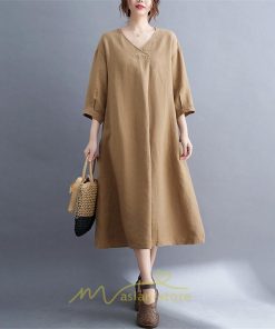 送料無料SALE | 夏ワンピース 五分袖 麻ワンピース Aラインワンピース 大きめ ゆったり 無地 Vネック ミモレ丈 ロングワンピース 女っぽい 通学通勤 30代40代 可愛い 大人