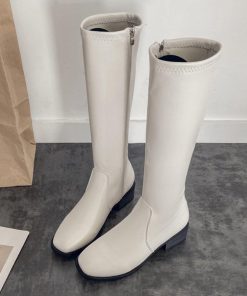 ニーハイブーツ | レディース スクエアトゥ レザー調 春秋冬 ロング丈 美脚 ローヒール 合皮 大人