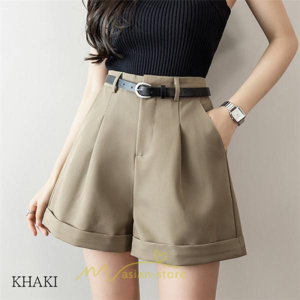 ショートパンツ | パンツ 無地 ベルト 美脚 カジュアル シンプル レディース 春 夏 ベルト付ボトムス お出かけ 日常 ズボン ゆったり 短パン
