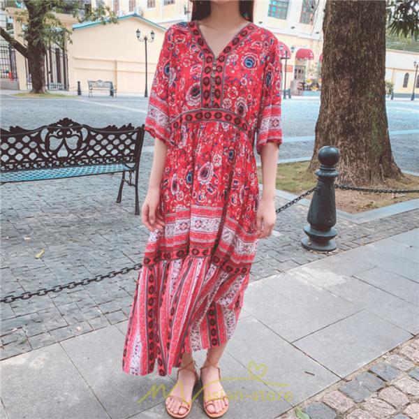 マキシ | ワンピース ロングワンピース エスニックワンピース コットン リゾートワンピース ワンピ 半袖 大人 夏 ゆったり リゾート お出かけ 普段使い きれいめ