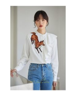 シャツ・ブラウス | ブラウス レディース オフィス 白 長袖 ビジネス カジュアル シャツ 刺繍 アニマル柄 動物柄 狐 個性的 冬 2022新作 秋 可愛い 上品 フェミニン