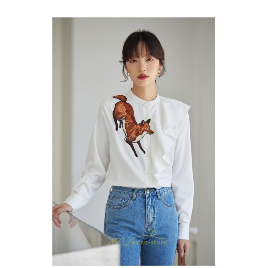 シャツ・ブラウス | ブラウス レディース オフィス 白 長袖 ビジネス カジュアル シャツ 刺繍 アニマル柄 動物柄 狐 個性的 冬 2022新作 秋 可愛い 上品 フェミニン