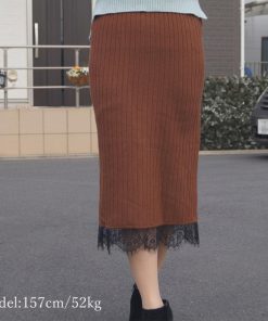 タイトスカート | ストレッチ ミモレ丈 リブ編み リブニットスカート 暖か スリット 裾レース ボトムス ウエストゴム スカート ロングスカート