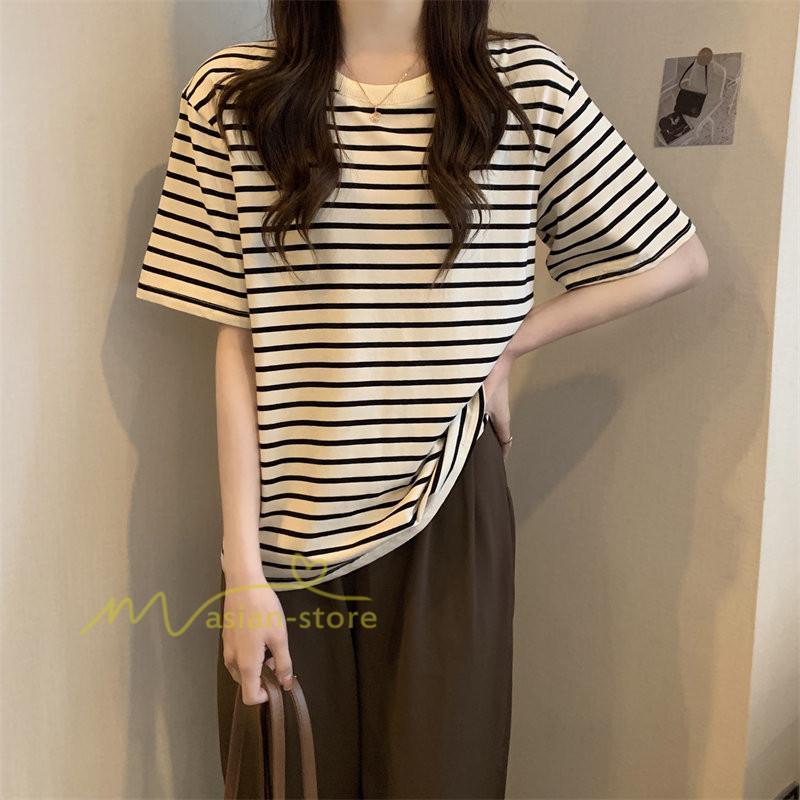 tシャツ・カットソー | Tシャツ レディース 春夏 トップス カットソー 半袖 シャツ ストライプ柄 20代30代40代50代 カジュアル お出かけ 上品 韓国ファッション 着回し 着痩せ 快適
