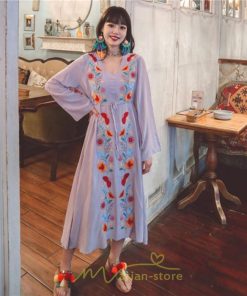 マキシ | エスニック刺繍ワンピース ロングワンピース 夏 秋 長袖 大人可愛い ゆったり リゾート 民族風 刺繍 着痩せ 20代30代40代 大人 Aライン エレガント 体型カバー