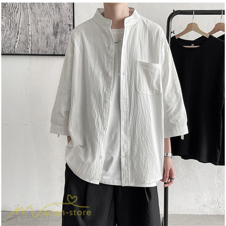 シャツ | メンズ 夏コーデ 2021新作 ライトアウター 5分袖 7分袖 スタンドカラー 麻綿 無地 カッコイイ お出かけ カジュアルトップス 薄手 夏着 アウトドア
