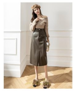 スカート | レザーフレアロング レディース  ボトムス ロングAライン ミモレ丈 かっこいい スリット オシャレ 着痩せ キレイめ