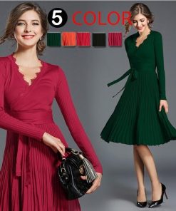 ミディアム | ワンピース レディース ひざ丈ワンピ フレアワンピース Ｖネック 長袖 体型カバー ワンピース 通勤 二次会 カジュアル パーティー 上品 リボン付き