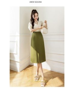 スカート | ボトムス 膝下 スリット ひざ下 Aライン ウエストゴム 楽 大人 きれいめ 20代 30代 40代 サイドチャック 通勤 上品 ビジネス オフィス