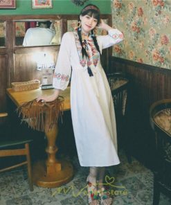 マキシ | ロングワンピース  レディース 夏 秋 夏秋 リゾート ロング ワンピ 長袖 大人 白 黄色 青 赤 四色展開 がーりー 刺繍 レトロ風 かわいい おしゃれ きれいめ 上品