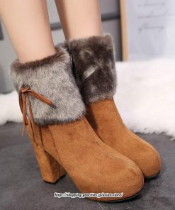 ブーツ | ショートレディース 10cmハイヒール ファー 冬用 保温防寒 太めヒール サイドジッパー あったか 痛くない オシャレ 冬靴 痛くない 歩きやすい