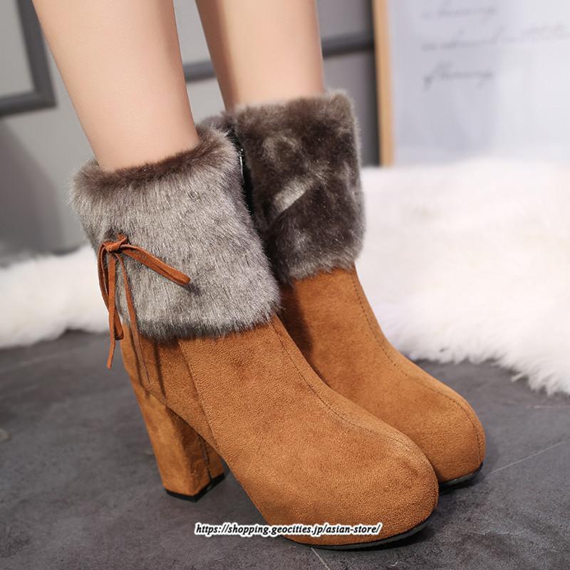 ブーツ | ショートレディース 10cmハイヒール ファー 冬用 保温防寒 太めヒール サイドジッパー あったか 痛くない オシャレ 冬靴 痛くない 歩きやすい