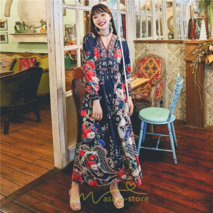 マキシ | マキシワンピース レディース ロング丈 大人 ワンピ 花柄 夏秋 Vネック カジュアル 着やせ きれいめ 撮影 人気 二次会 パーティー 通気 ゆったり 夏秋服