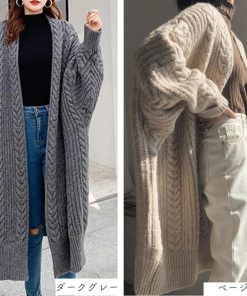 ニット・セーター | ロング丈 ケーブル編みカーデ 体型カバー 秋冬 韓国風 厚手 ニットカーディガン レディース コーディガン ライトアウター