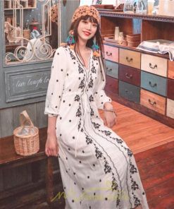 マキシ | ワンピース 七分袖 春夏秋 ロング丈 コットン 大人可愛い  ゆったり 柔らかい シンプル カジュアル ナチュラル 旅行 Aライン エスニック 着痩せ 刺繍 リゾート