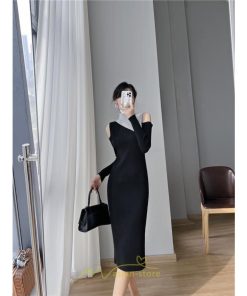 ニットワンピース | ワンピース 秋 秋服 レディース ニット ロングワンピース ロング 長袖 肩出し 秋冬 バイカラー 送料無料 セクシー お出かけ 暖か フェミニン デート