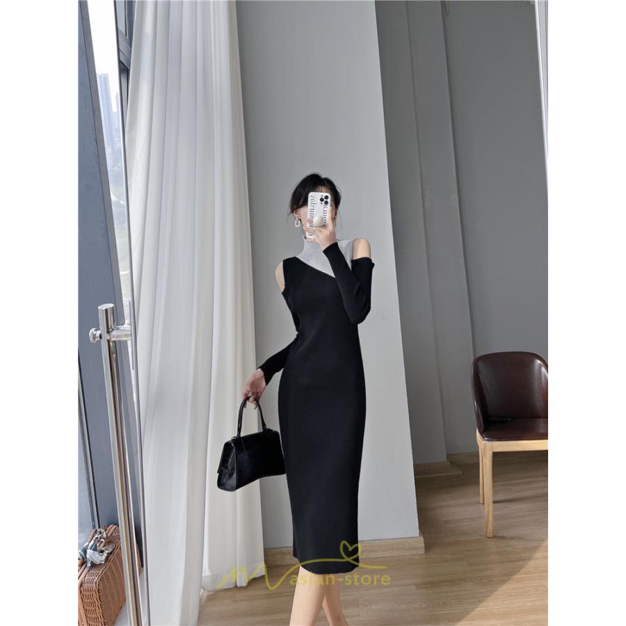 ニットワンピース | ワンピース 秋 秋服 レディース ニット ロングワンピース ロング 長袖 肩出し 秋冬 バイカラー 送料無料 セクシー お出かけ 暖か フェミニン デート