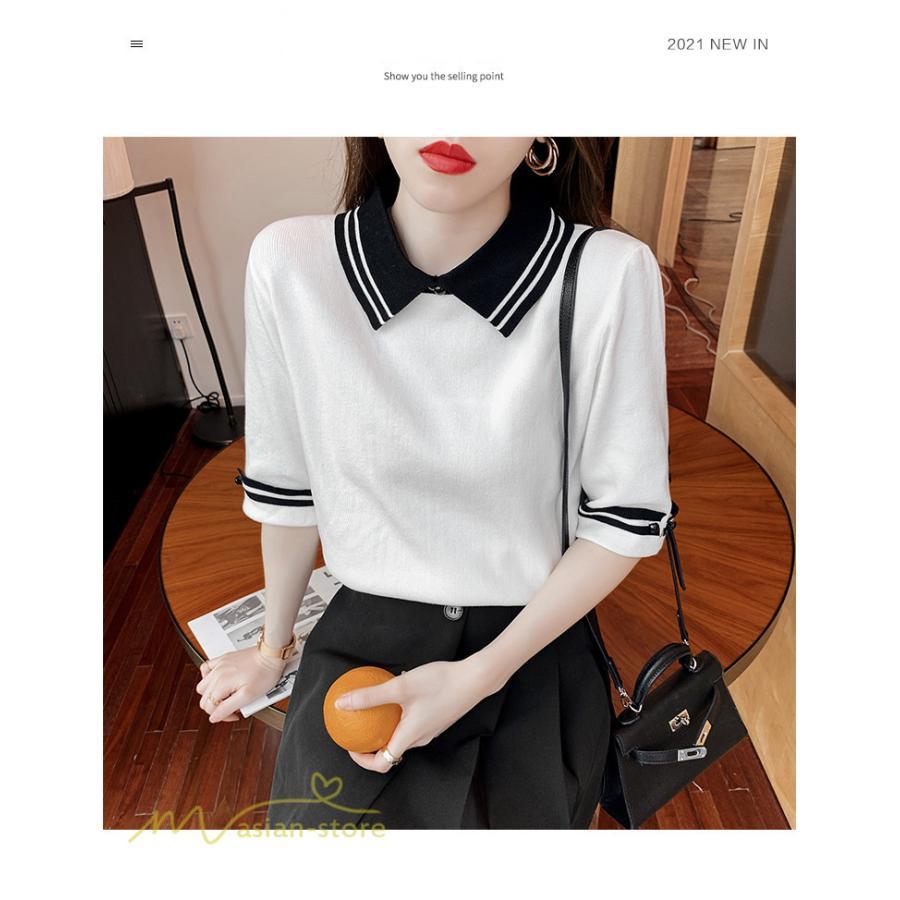 tシャツ・カットソー | レディース トップス Tシャツ 着痩せ ニット きれいめ 女性着 ポロ 着回し 学院風 5分袖 可愛い 配色切替 上品 サマー風 20代 アウトドア 夏コーデ 新作 人気