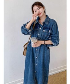 マキシ | デニムワンピース 秋 レディース ジャケット 羽織り ワンピース 長袖 腰着痩せ 女性美シルエット デニム 30代40代50代 ロング丈 オフィス 無地 秋コーデ