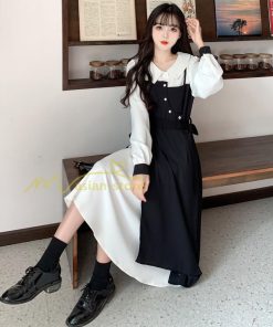 マキシ | ロングワンピース 秋物 レディース ミモレ丈 Aラインワンピース 黒白 フェイク レイヤード風 重ね着風 30代40代 シャツカラー お呼ばれワンピース 50代 着やせ