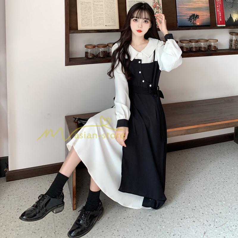 マキシ | ロングワンピース 秋物 レディース ミモレ丈 Aラインワンピース 黒白 フェイク レイヤード風 重ね着風 30代40代 シャツカラー お呼ばれワンピース 50代 着やせ