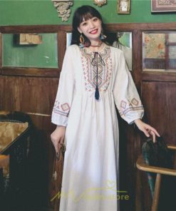 マキシ | ワンピース レディース 刺繍 綿麻 レトロ調 インスタ映え ナチュラル エスニック風 民族風 ボヘミアン 撮影 リゾート 柔らかい ウエストリボン長袖 イベント