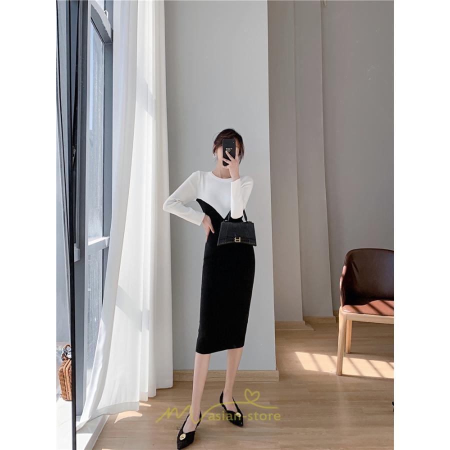 ニットワンピース | ワンピース 秋 秋服 レディース ニット ロングワンピース ロング 長袖 冬 冬服 タイト 切り替え 着痩せ お出かけ 韓国風 20代30代40代50代 通勤 2022新作