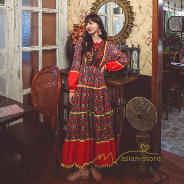 マキシ | ワンピース レディース 春夏 マキシワンピース 長袖ワンピース 綿麻 無地 Aライン フレアワンピース ハイウェスト エスニック ボヘミア風 ロング リゾート