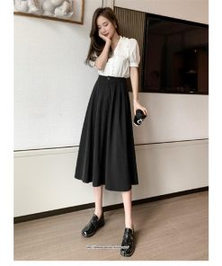 スカート | ロングAラインミモレ丈 フリル高見え ハイウエスト 秋冬 無地 ゆったり キレイめ 通勤 お出かけ デート 通学 着痩せ