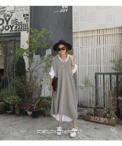 マキシ | ニットベストワンピース レディース 40代 秋冬 ワンピース Vネック ニットロングベスト ニットワンピース ゆったり ひざ下 オシャレ 韓国風 無地カジュアル