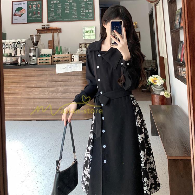 マキシ | ロングワンピース 秋物 レディース ミモレ丈 Aラインワンピース 切り替え フェイク レイヤード風 シャツワンピ お呼ばれワンピース 30代40代 着やせ 重ね着風