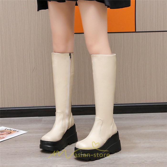 ロングブーツ | レディース ブーツ 厚底 歩きやすい 痛くない 定番 カジュアル 人気ブーツ ファスナー 黒 ブラック シンプル 美脚 おしゃれ 白 オフホワイト