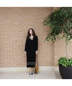 在庫ある | 短納期ロングニットワンピース ロングワンピ カットソー 長袖 トップス Vネック ゆったりセーターニット 体型カバー OL ストレートニットワンピ 通学通勤