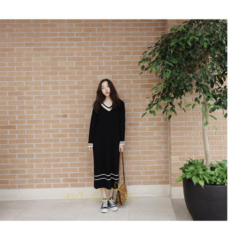 在庫ある | 短納期ロングニットワンピース ロングワンピ カットソー 長袖 トップス Vネック ゆったりセーターニット 体型カバー OL ストレートニットワンピ 通学通勤