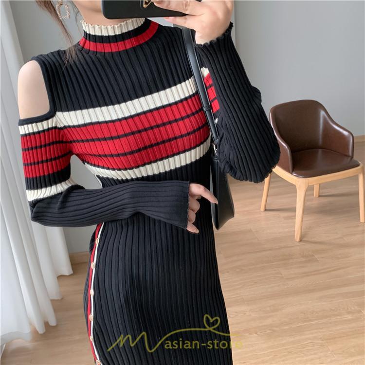 ニットワンピース | ワンピース 秋 秋服 レディース ニット ロングワンピース ロング 長袖 肩出し 秋冬 送料無料 セクシー フェミニン デート 春 お出かけ 結婚式 暖か 通勤