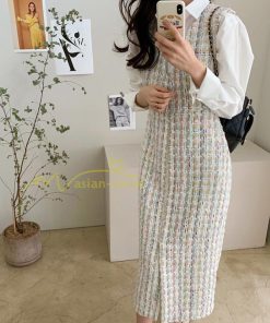 マキシ | ワンピース ノースリーブ Vネック ミモレ丈 ツイードワンピース スリット キラキラ 美ライン 女シルエット エレガント 秋物 レディース 秋冬 フェミニン