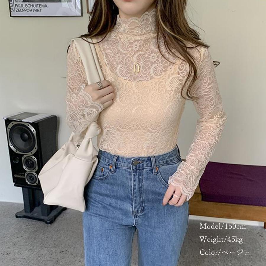 透かし編みトップス | トップス 総レース ハイネック カットソー インナー ペイズリー柄 レディース ブラウス シースルー セクシー おしゃれ