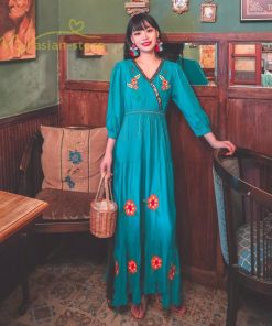 マキシ | ワンピース レディースワンピース 春夏 マキシワンピース ハイウエスト 長袖 二次会 通勤 OL 40代 着痩せ 刺繍 Vネック Aライン カジュアル エスニック 4色