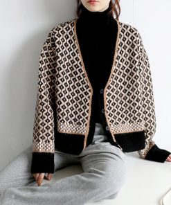 カーディガン | ニットトップス ニット長袖 幾何学柄 配色ダイス柄 羽織り アーガイル柄 春秋冬 ジャガードレディース